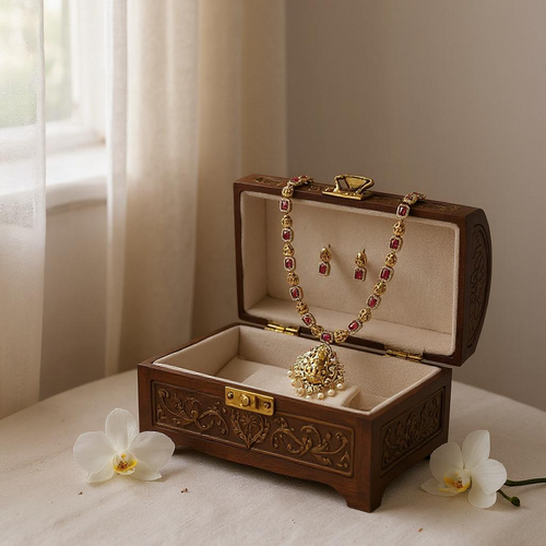 Antique Lakshmi Temple Necklace Set with Ruby Stones and Pearl Drops