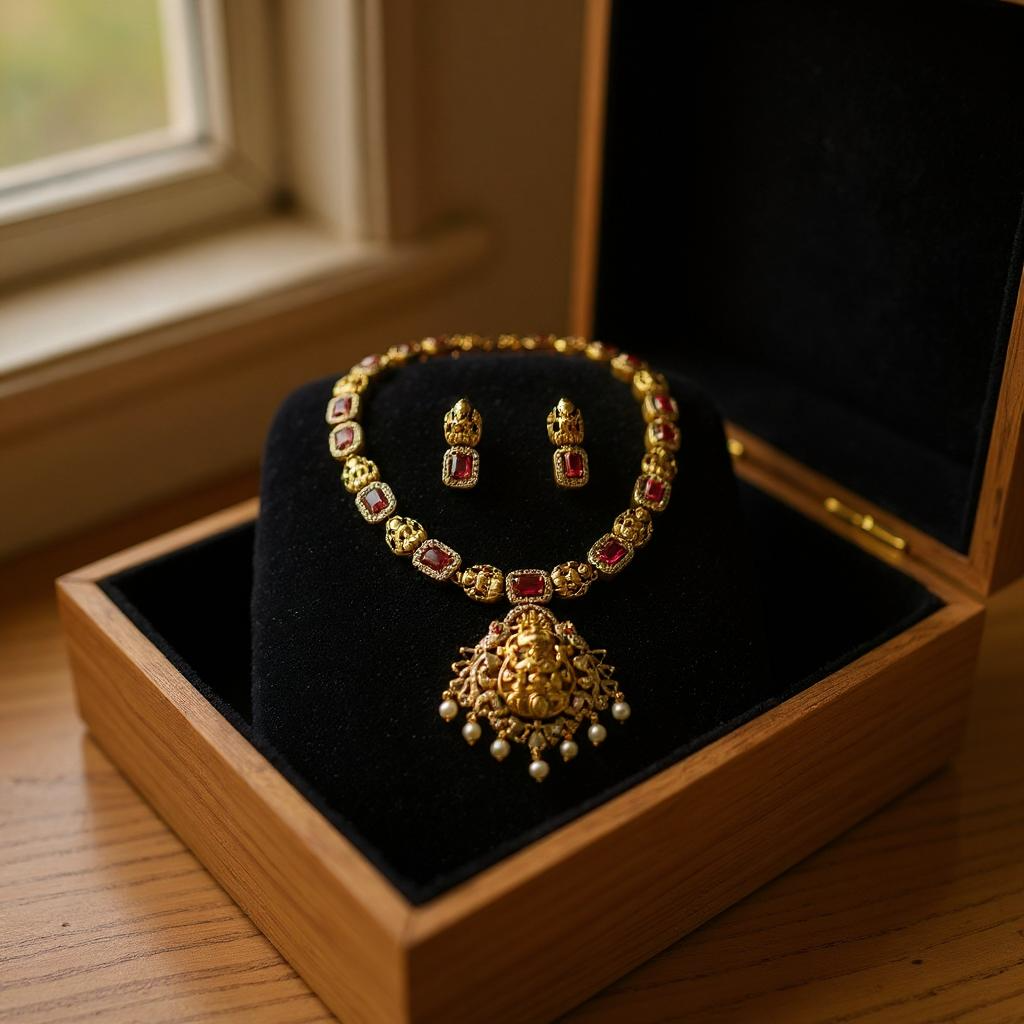 Antique Lakshmi Temple Necklace Set with Ruby Stones and Pearl Drops