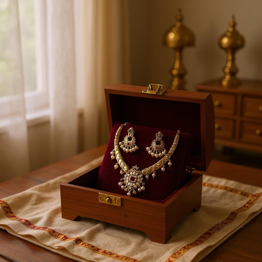 Antique Gold Kemp Stone & Pearl Necklace Set