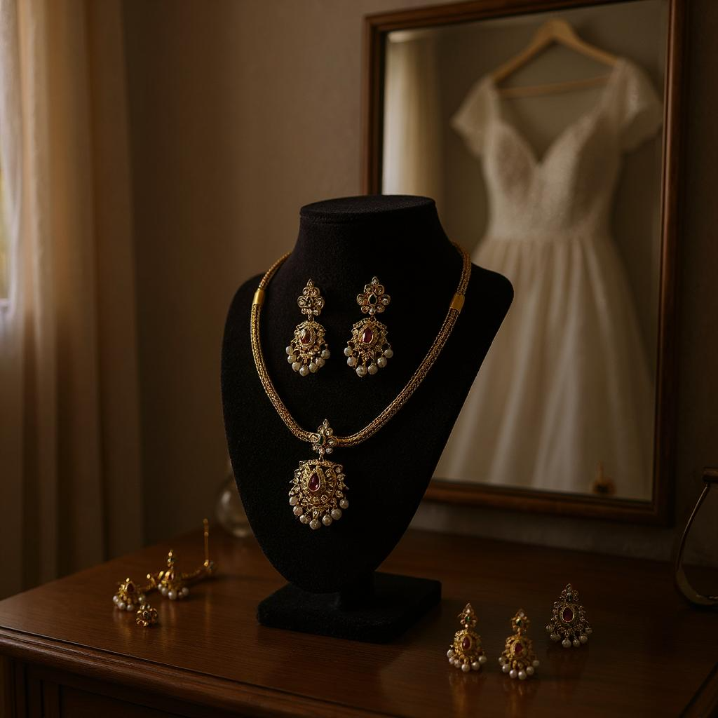 Bridal Antique Gold Kundan Necklace Set with Ruby and Pearl Detailing