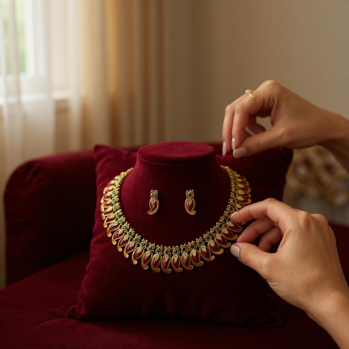 Antique Gold Red-Leaf Temple Necklace Set with Emerald Accents