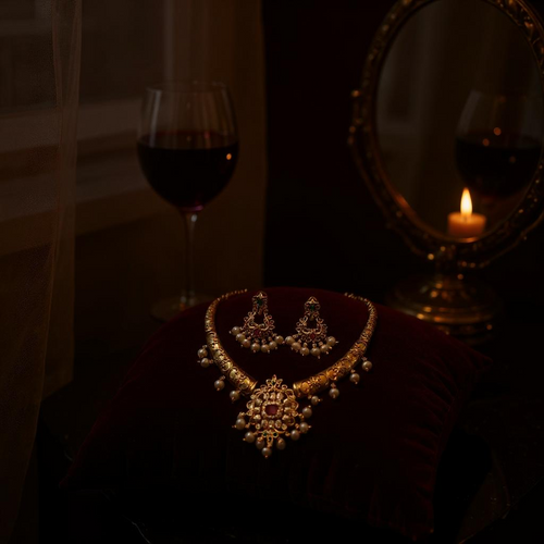 Antique Gold Kemp Stone & Pearl Necklace Set