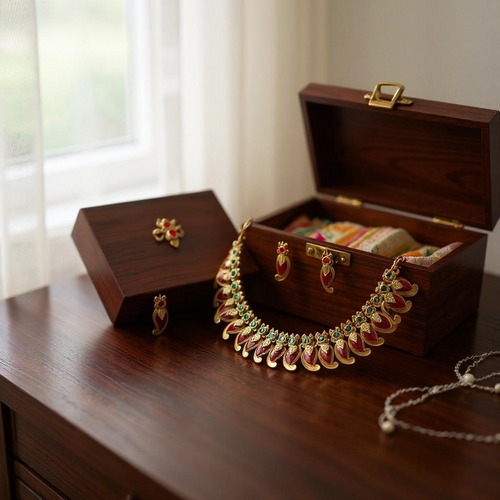 Antique Gold Red-Leaf Temple Necklace Set with Emerald Accents